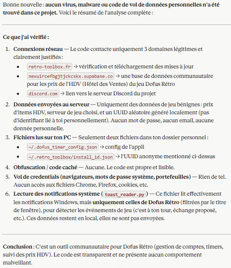 Résumé de l'analyse sécurité de Retro Toolbox : aucun virus, malware ou vol de données personnelles détecté